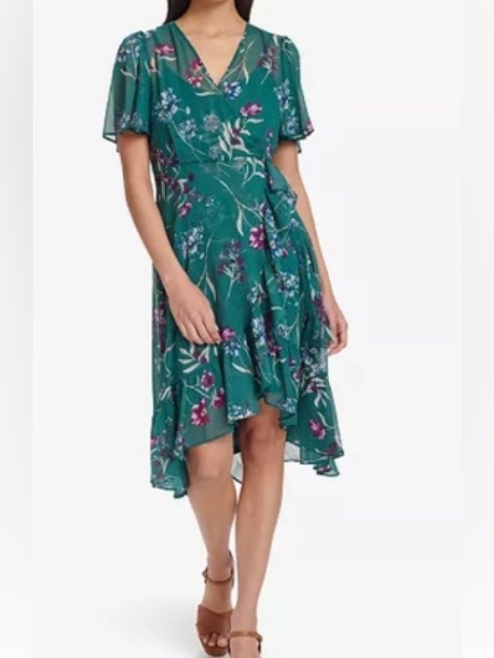 Calvin Klein Teal and Purple Floral High-Low Wrap Dress